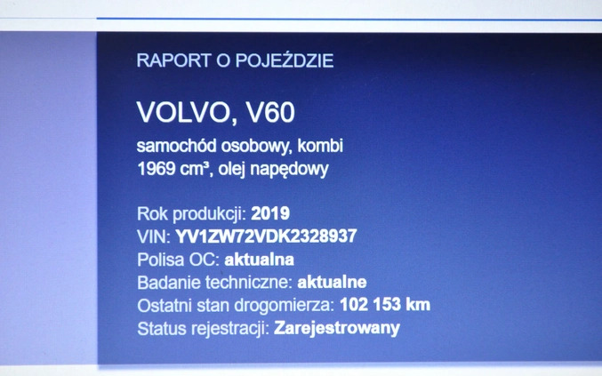 Volvo V60 cena 99900 przebieg: 105000, rok produkcji 2019 z Drezdenko małe 781